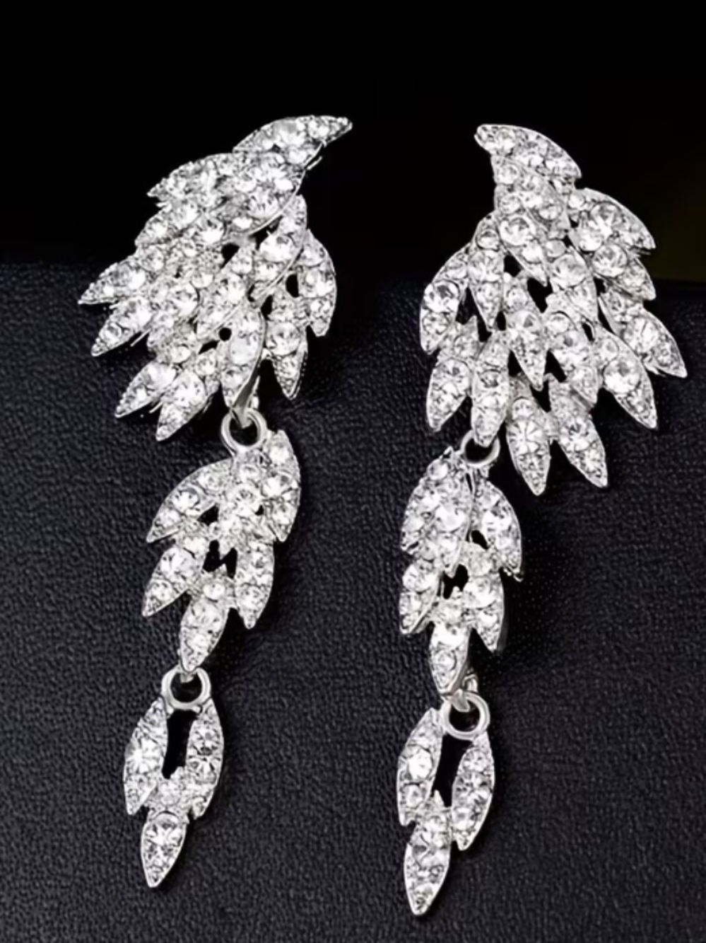Crystal Leaf Drop Earrings - Silver Tone CZ Angel Wings Earrings